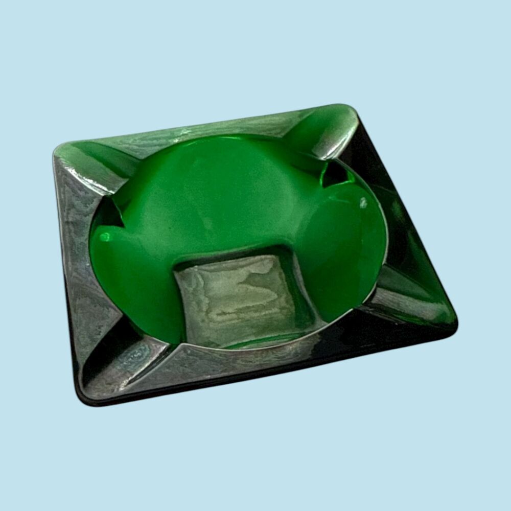 Vintage Emerald Green Glass Ashtray – Mid Century Modern Square Trinket Dish